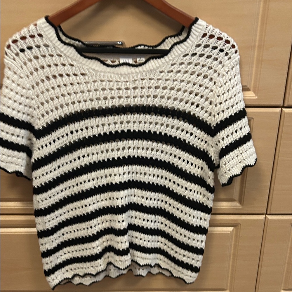 GAP Black and White Striped Crochet Top